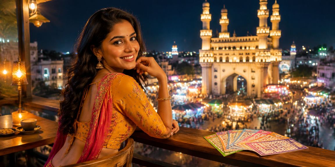 Night market scene in Hyderabad with lottery and betting