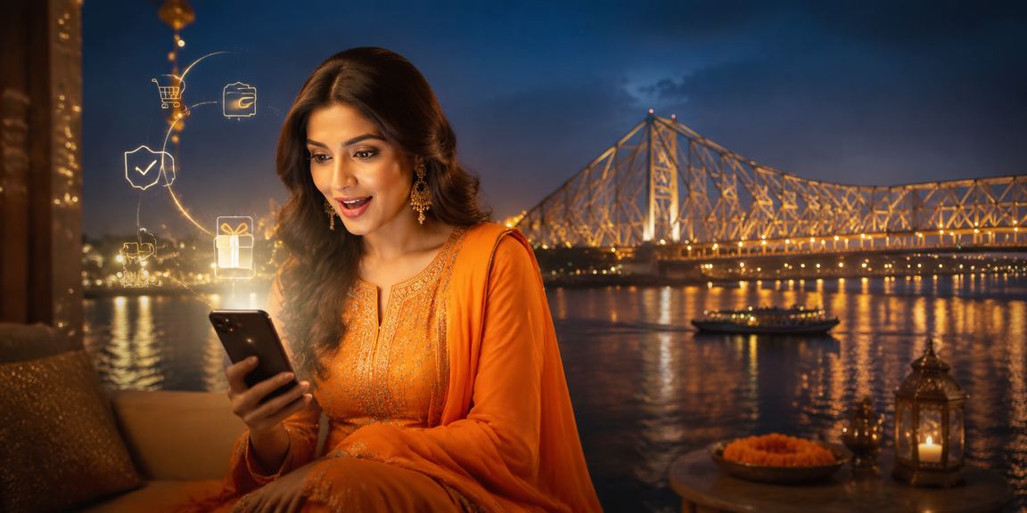 Mobile payment process screen in Kolkata with model using phone